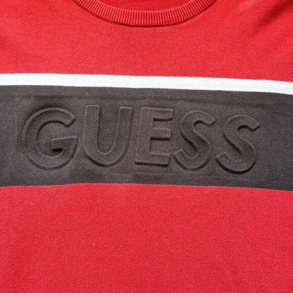 Guess Men's Row Color Block Sweater Deep Red with Striped Crossover Chest Logo M - Picture 4 of 10